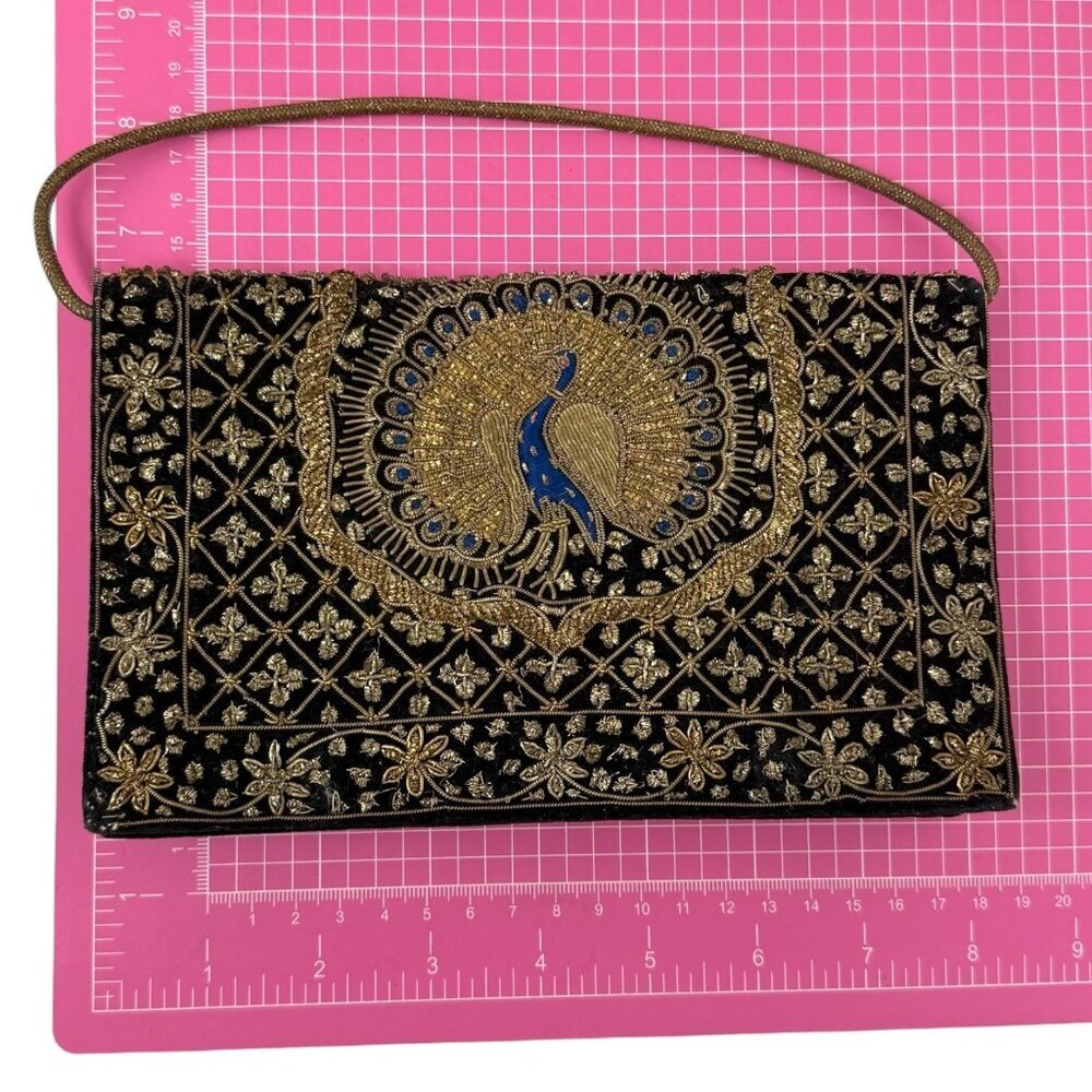 Vintage Black Velvet Peacock Gold Embroidered Beaded Floral Evening Bag Clutch - Picture 3 of 16